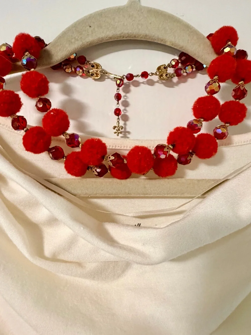 Red Pom Pom Double Strand Iridescent Statement Necklace